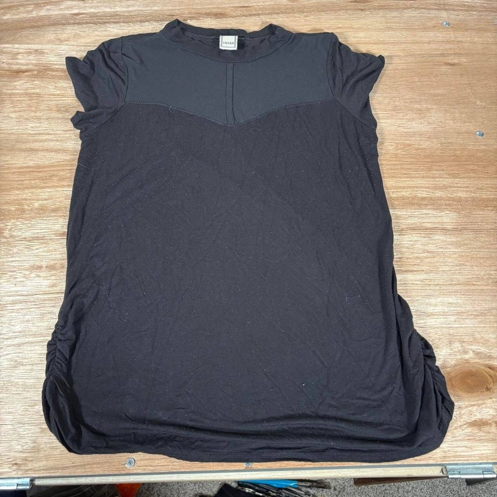 Lilian Black Mesh Yoke Short Sleeve Ruched Side Top Womens 1X L71948 GKL